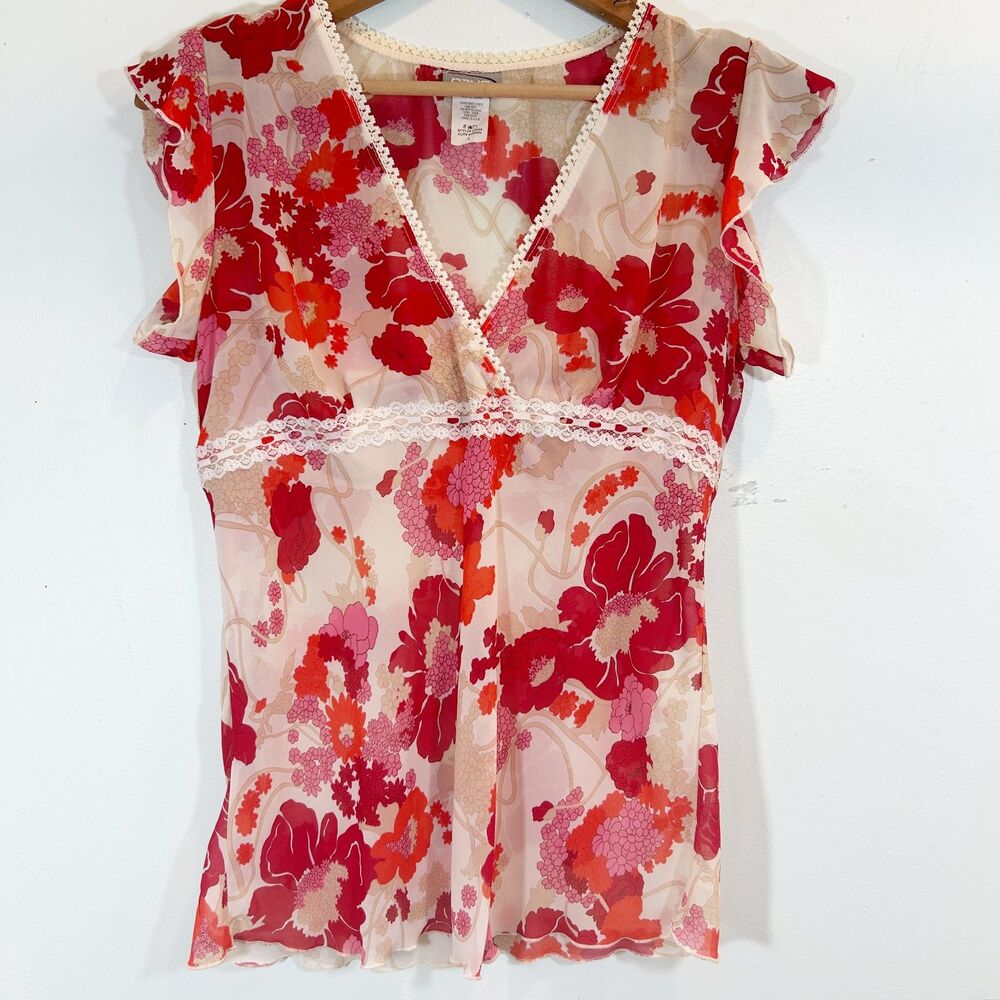 Y2K Rave Babydoll Red Floral Lace Fairy Top Large Blouse Ruffle Sleeve Flowy